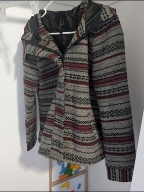 Jack by BB Dakota Hooded Striped Trench Coat in Gray and Burgundy